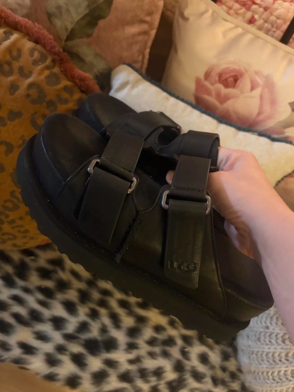 UGG Black Leather Double-Buckle Sandals